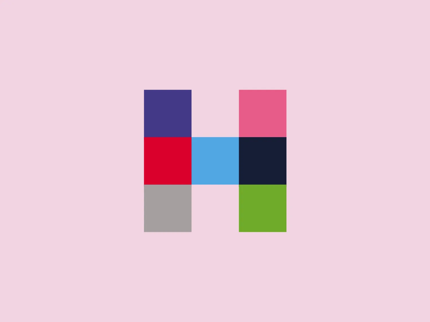 The Logo for Hamilton Specialist Referrals features a stylized letter "H" created from six equally sized squares. The color scheme includes deep blue, vibrant pink, light grey, dark black or navy, calm sky blue, and bright lime green. This design exudes a modern, digital, and playful feel with its use of geometric shapes and contrasting colors, resulting in a minimalistic yet eye-catching overall design.