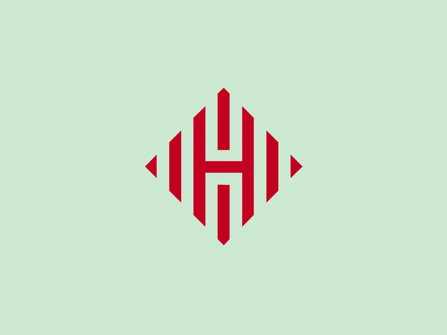 The Hagerty Consulting logo features a bold, geometric design centered around the letter "H." The "H" is white and set against a deep red background, creating a strong visual contrast. The letter itself comprises three vertical bars, with the center bar slightly offset towards the top. This creates an illusion of depth and a modern look. On either side of the "H," there are four pointed shapes that resemble arrowheads or chevrons, pointing outward, suggesting movement or expansion. The overall design is symmetrical and gives off a professional and sharp aesthetic.