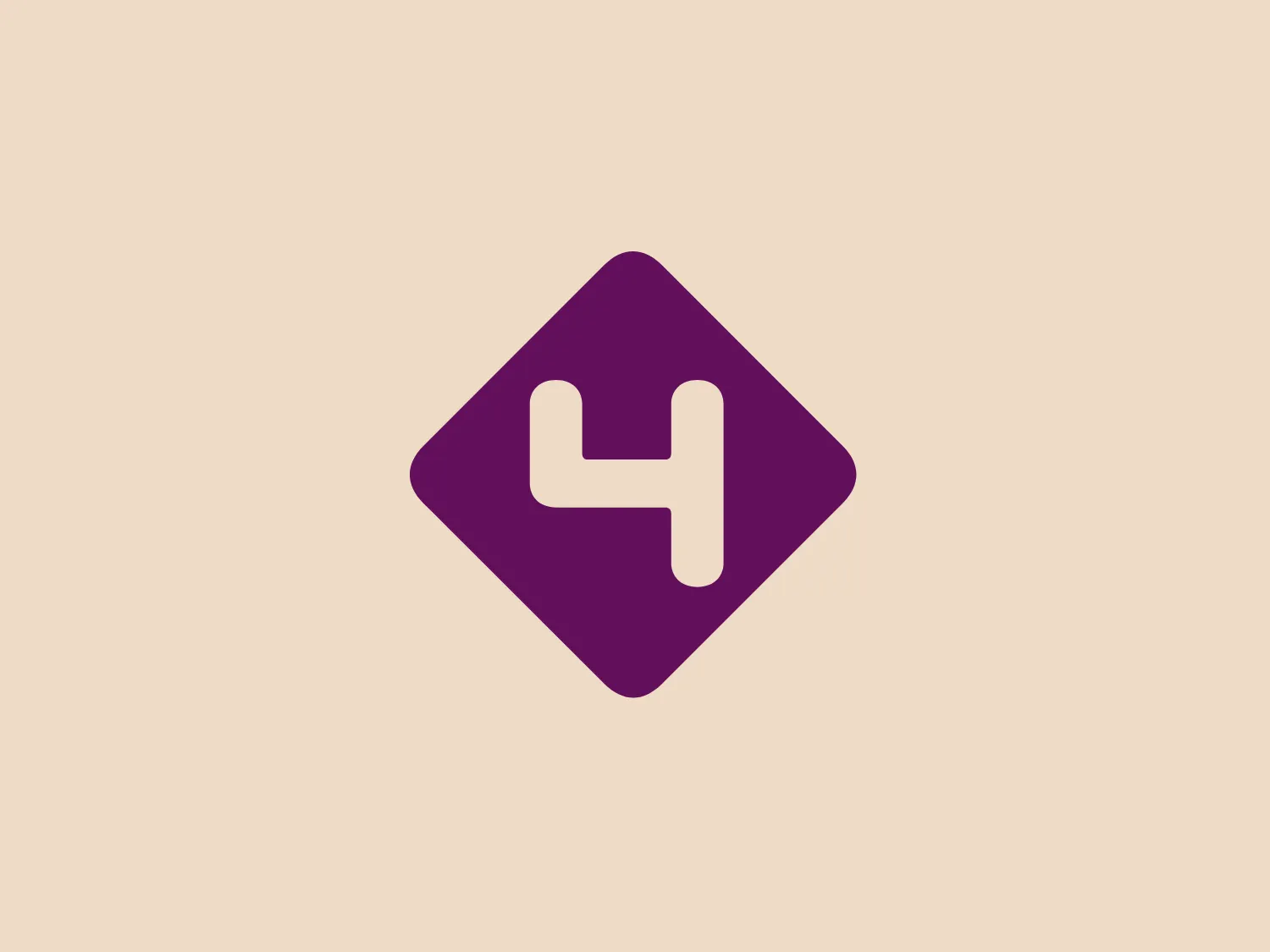 The NPO Radio 4 logo features a bold, stylized letter "H" in white set against a deep purple diamond-shaped background that's rotated to sit on one of its corners. The "H" is designed with right angles and resembles two pillars connected by a horizontal bridge, suggesting stability and connection. The overall aesthetic is modern and simplistic, suggesting a brand that values clarity and impact. The use of a singular color keeps the logo versatile and clearly legible.