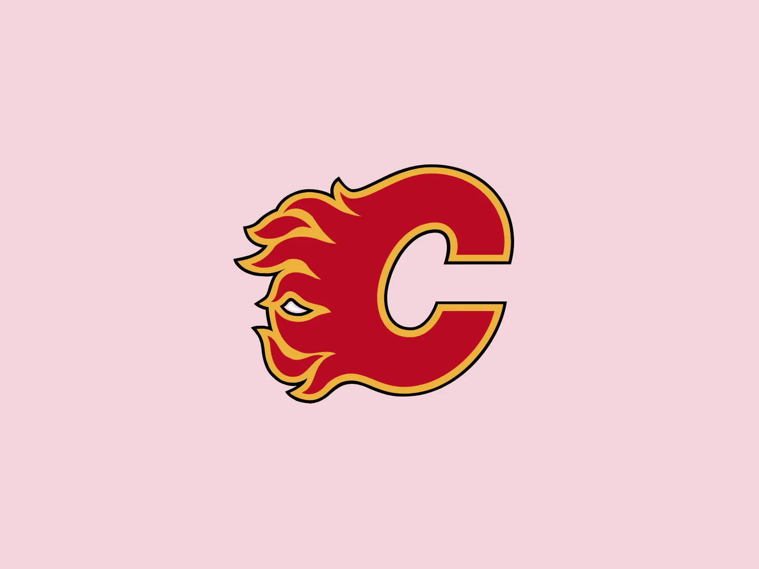 The Calgary Flames logo features a stylized letter "C" in a bold red color with gold and white trim, giving it a three-dimensional appearance. Embedded into the form of the "C" is the profile of a fiery figure, suggestive of a flame with wispy edges in shades of red and orange that evoke a sense of dynamic movement and energy. The flame's outline doubles as the inner stroke of the letter, with small accents of white, enhancing the contrast and detail within the design. This logo exudes a bold and energetic aesthetic, appropriate for a dynamic and spirited brand or team. It has a modern and sleek look with a distinct sense of motion and liveliness.
