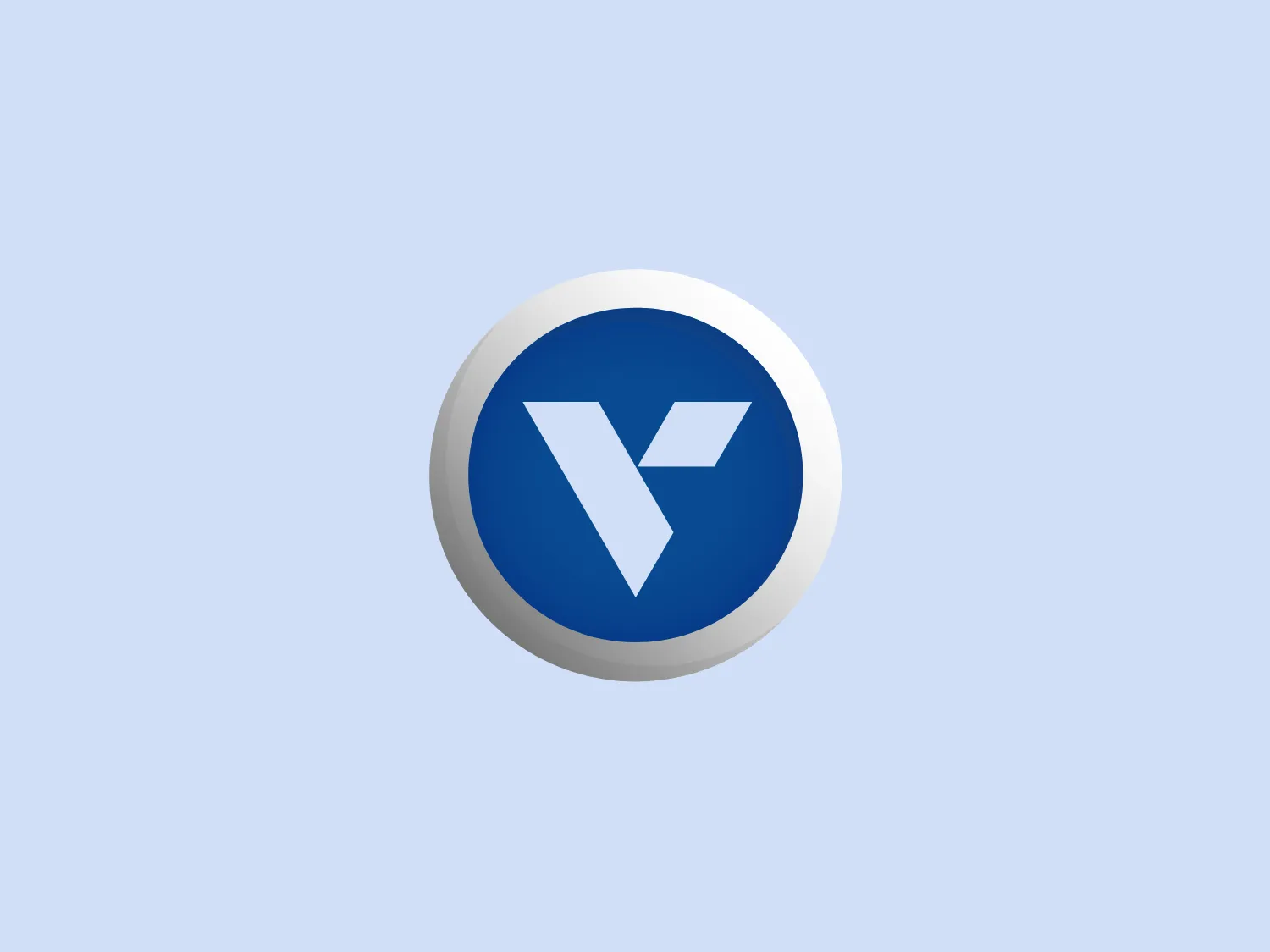 The Verisign logo features a bold, white letter 'V' centered on a deep blue circular background. The white 'V' has a modern, geometric design with sharp angles and a slightly thicker bottom, giving the impression of stability and strength. The surrounding blue circle is bounded by a lighter grey band that adds dimension and contrast to the design. This emblem embodies a sleek and professional aesthetic, indicative of contemporary branding. The palette is straightforward yet powerful, focusing on simplicity and visual impact.